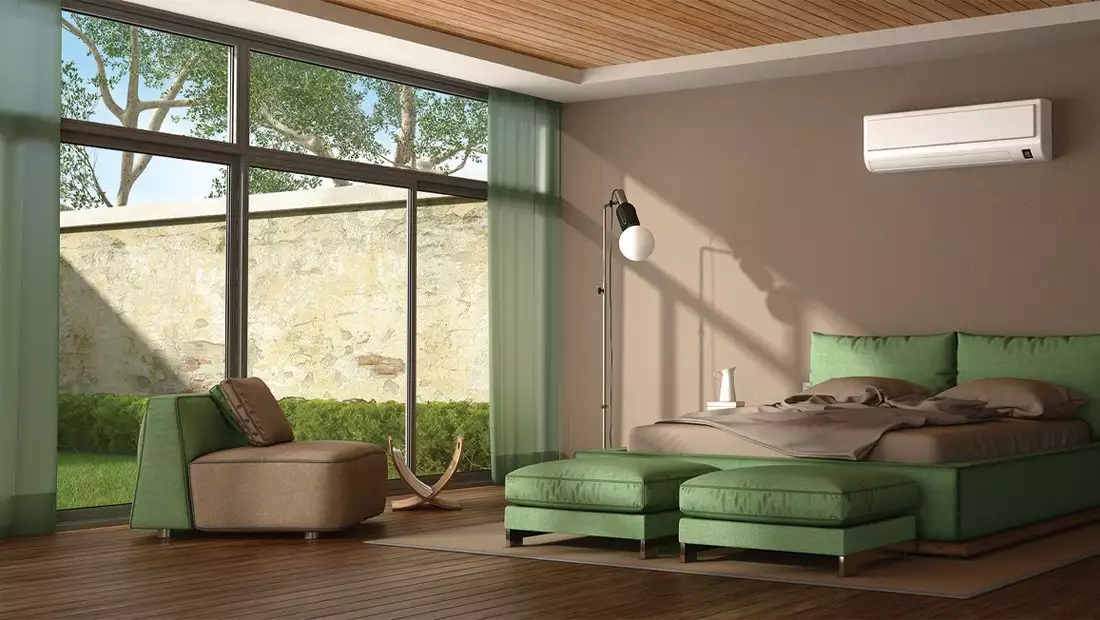 Green and Brown Bedroom with Large, Glass Wall Windows