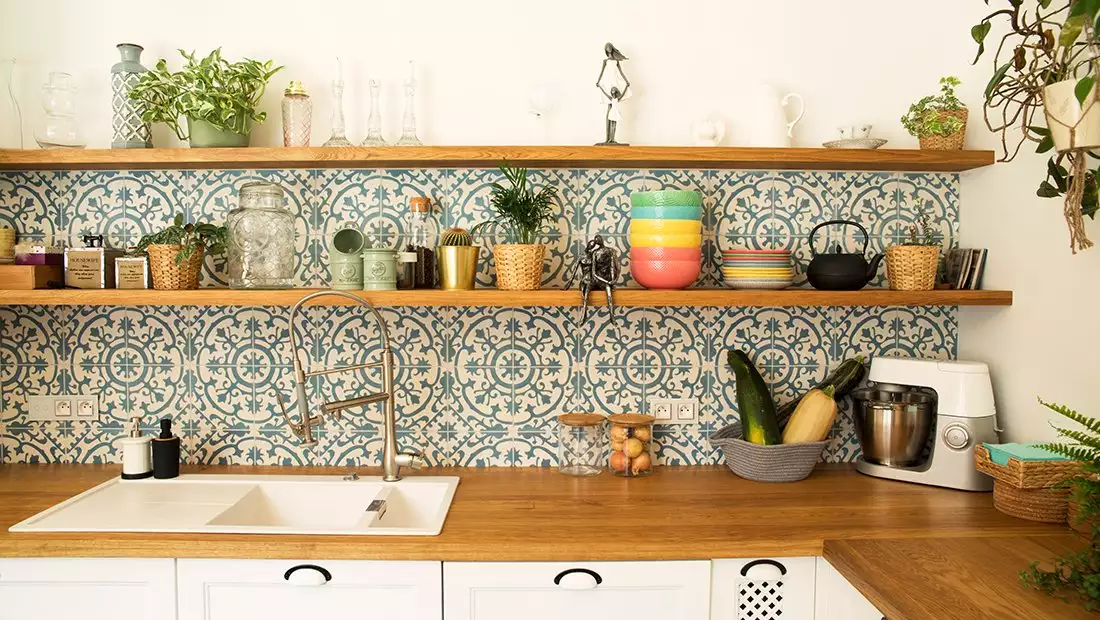 Kitchen featuring Open-Shelving Above the Sink Counter