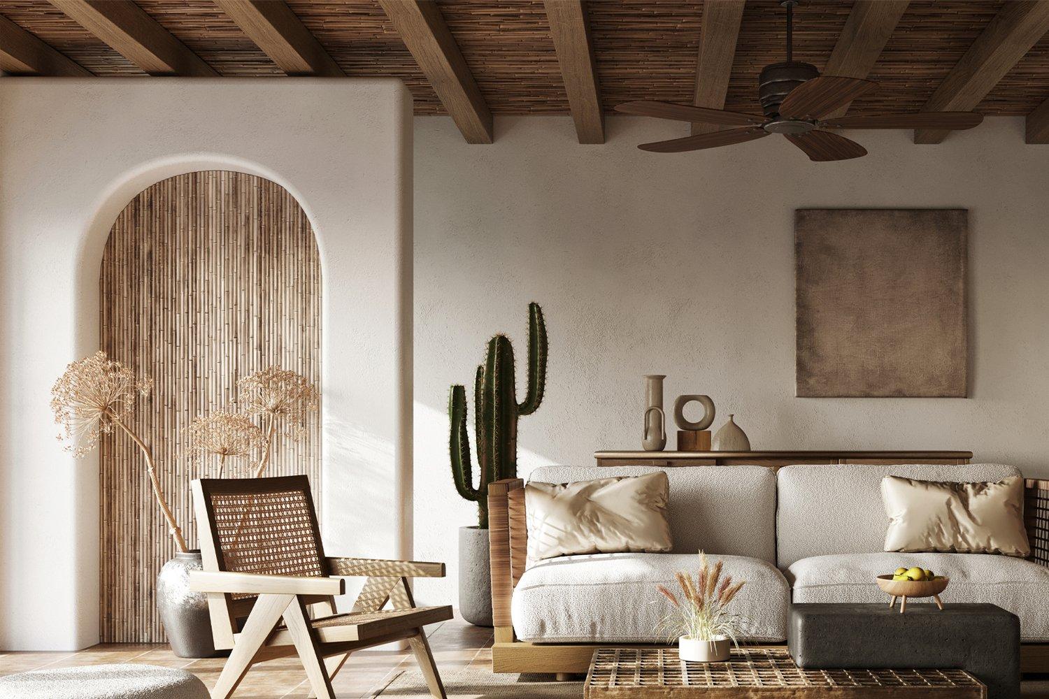 Minimalist living room with arched wall niche and wood ceiling beams